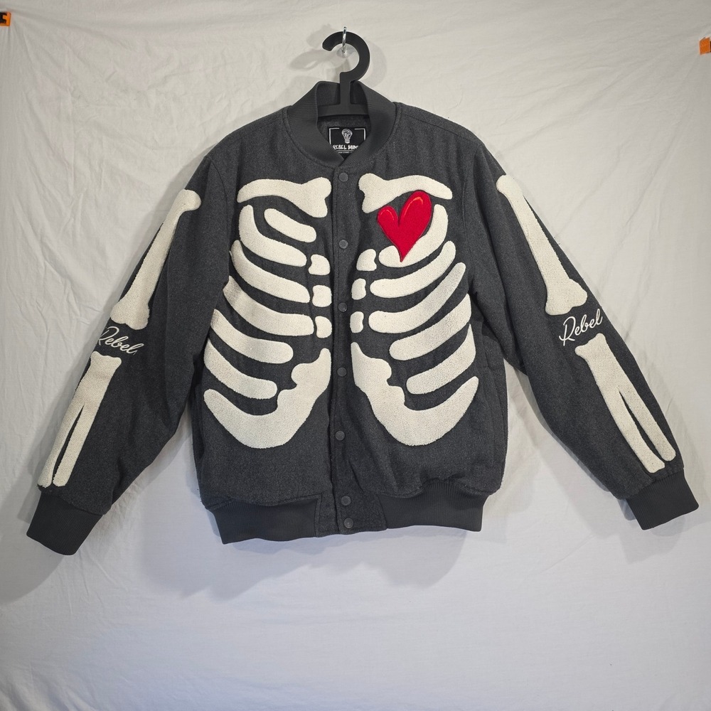 Rebel Minds Skeleton Varsity Jacket Medium Grey Polyester Chenille Streetwear